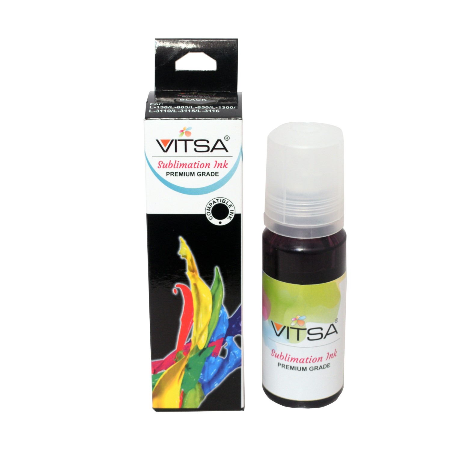 Vitsa Black Sublimation Ink For Epson - Heat Transfer Printing On Mugs, Mobile Cases, Polyester T-Shirts Etc For Use With Epson Color Printers -70Ml Bottle