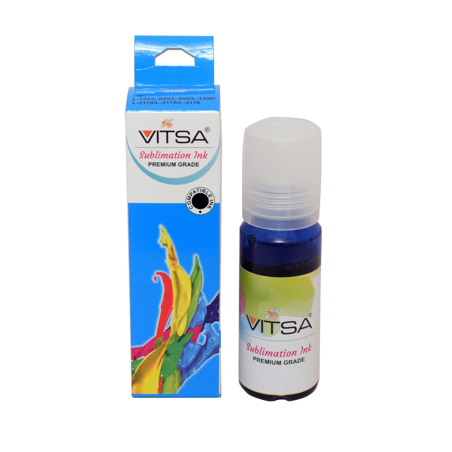 Vitsa Cyan Sublimation Ink For Epson - Heat Transfer Printing On Mugs, Mobile Cases, Polyester T-Shirts Etc For Use With Epson Color Printers -70Ml Bottle